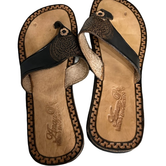 Mules slide flip flops thong sandals brown leather boho fashion flat - Picture 2 of 5